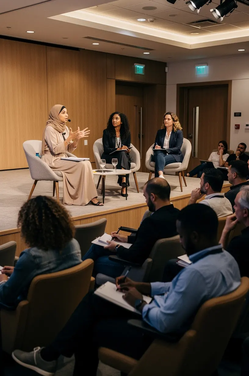 Uczestnicy spotkania networkingowego wymieniają się wizytówkami i doświadczeniami w przyjaznej atmosferze.